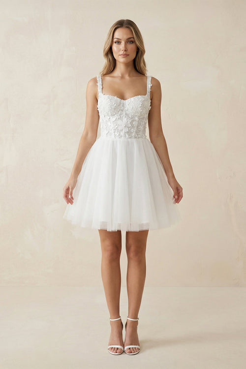 A Line Spaghetti Straps Tulle Wedding Dress With Appliques in White - KissProm Wedding Dresses