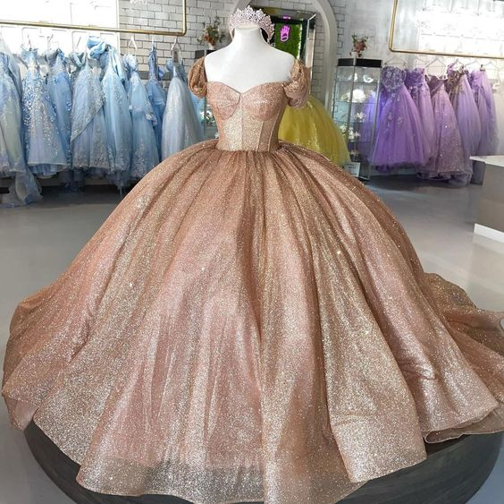 Champagne Sparkle Ball Gown Off-the-Shoulder Short Sleeves Quinceanera Dress