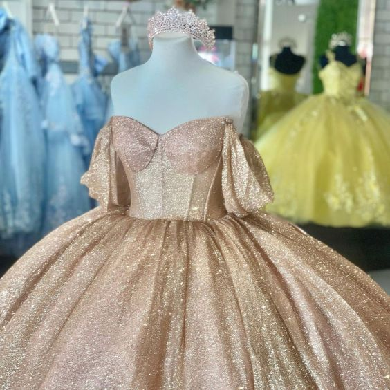 Champagne Sparkle Ball Gown Off-the-Shoulder Short Sleeves Quinceanera Dress