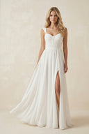 A-Line Square Neckline Sleeveless Chiffon Wedding Dresses With High Split– Wedding Dresses by KissProm | Available at KissProm