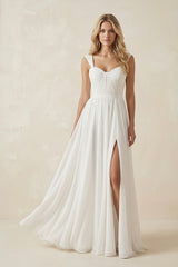 A-Line Square Neckline Sleeveless Chiffon Wedding Dresses With High Split– Wedding Dresses by KissProm | Available at KissProm