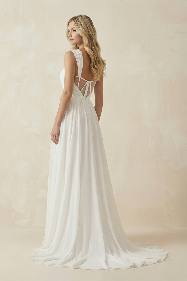 A-Line Square Neckline Sleeveless Chiffon Wedding Dresses With High Split– Wedding Dresses by KissProm | Available at KissProm