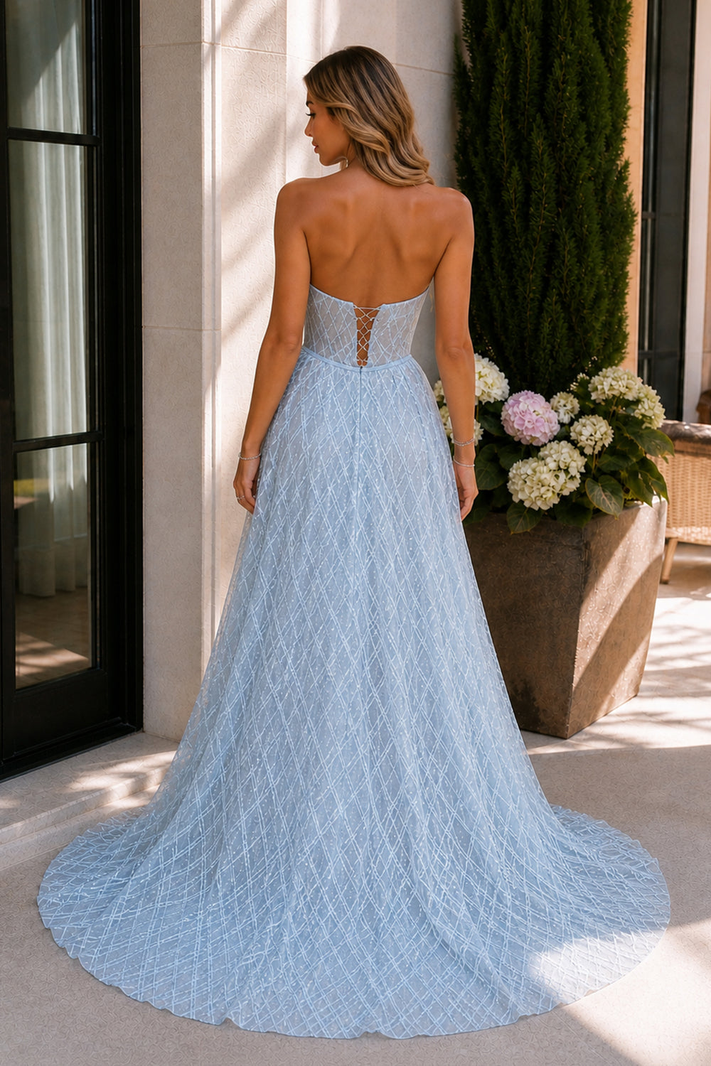 Celia | A-line Strapless Blue Long Prom Dresses Unique Evening Dress