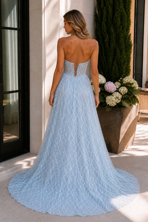 Celia | A-line Strapless Blue Long Prom Dresses Unique Evening Dress