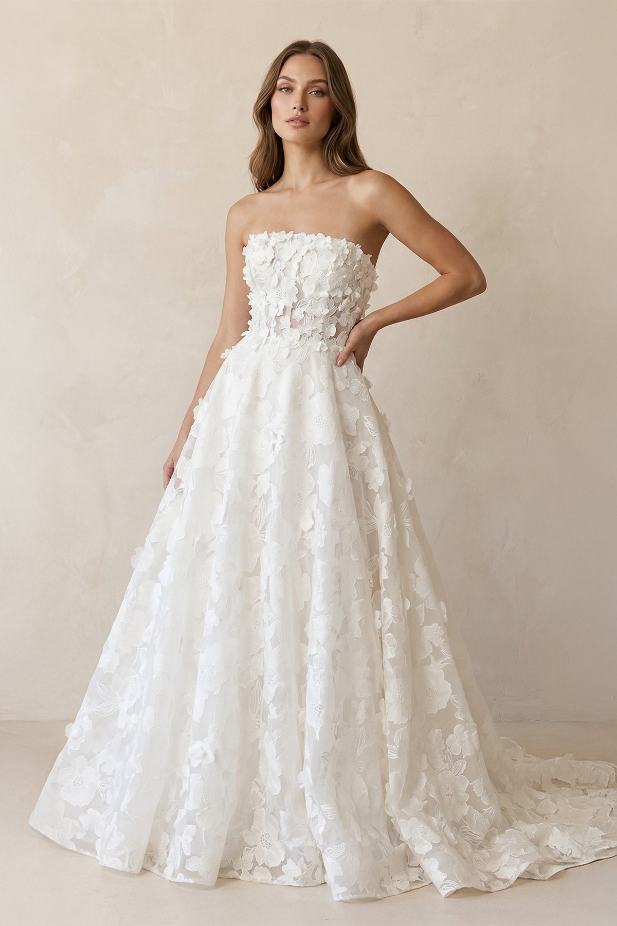 KissProm A-Line Strapless Floral Lace Wedding Dresses, White-Nude / 10