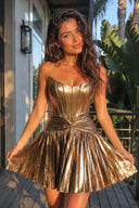 A-Line Strapless Gold Satin Pleated Short Homecoming Dresses - KissProm 