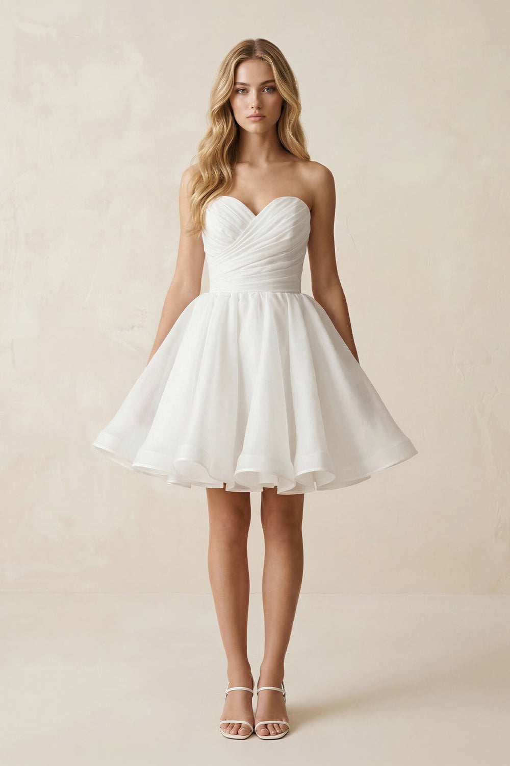 A - Line Strapless Pleated Organza Wedding Dress in White - KissProm Wedding Dresses