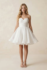 A - Line Strapless Pleated Organza Wedding Dress in White - KissProm Wedding Dresses