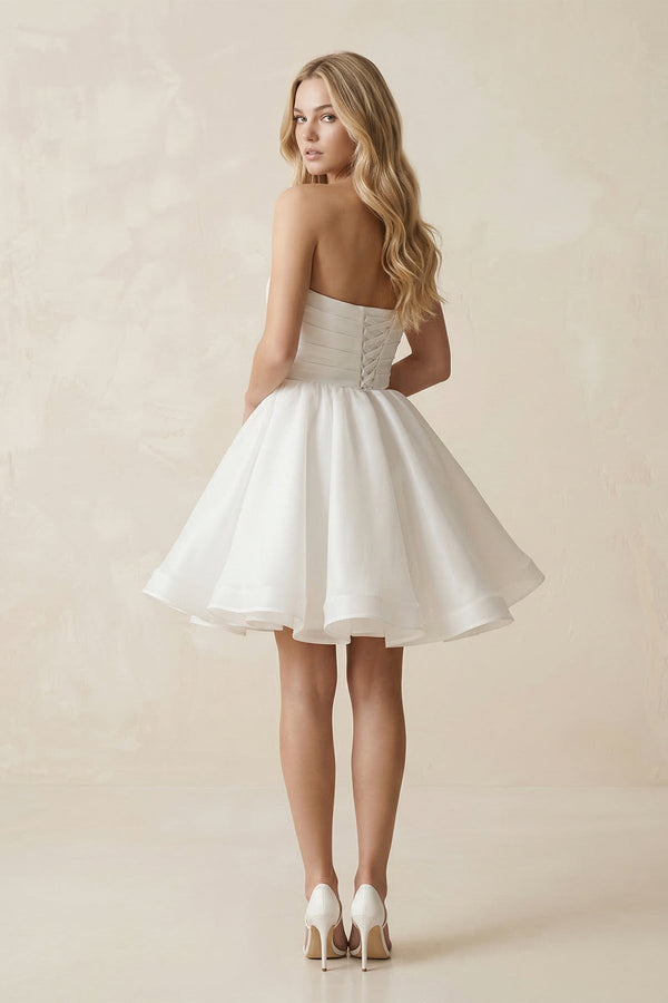 A - Line Strapless Pleated Organza Wedding Dress in White - KissProm Wedding Dresses