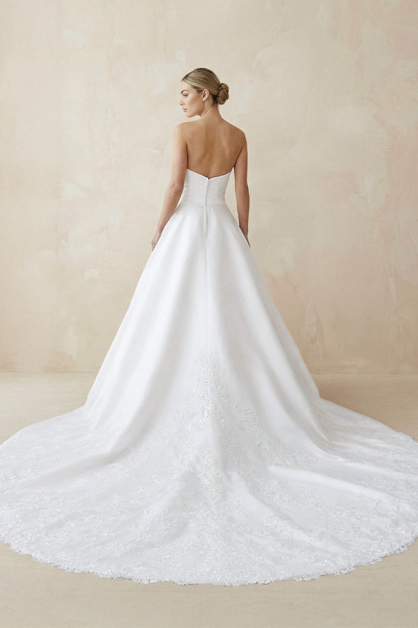 A - Line Strapless Satin Sweep Train Wedding Dresses in White - KissProm Wedding Dresses