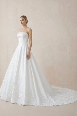 A - Line Strapless Satin Sweep Train Wedding Dresses in White - KissProm Wedding Dresses