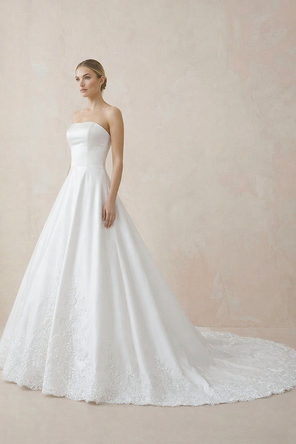 A - Line Strapless Satin Sweep Train Wedding Dresses in White - KissProm Wedding Dresses