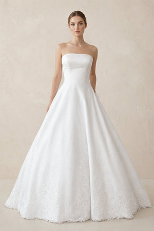 A - Line Strapless Satin Sweep Train Wedding Dresses in White - KissProm Wedding Dresses