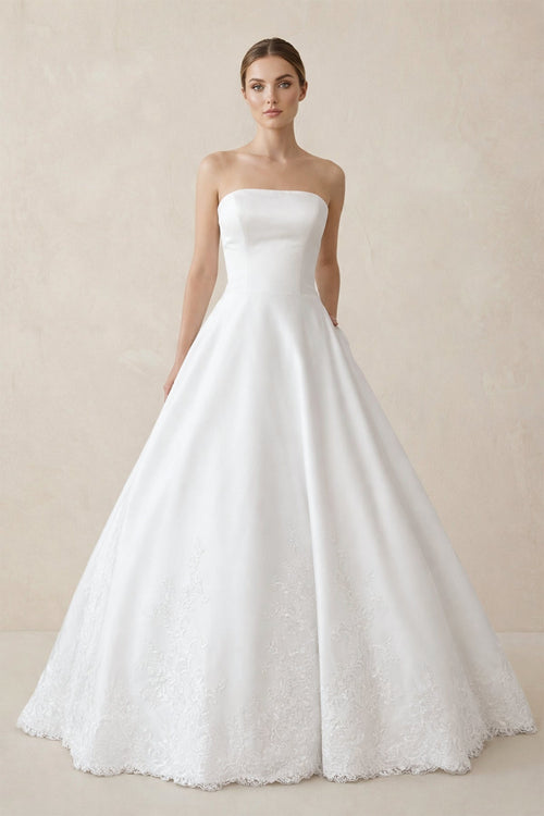 A - Line Strapless Satin Sweep Train Wedding Dresses in White - KissProm Wedding Dresses