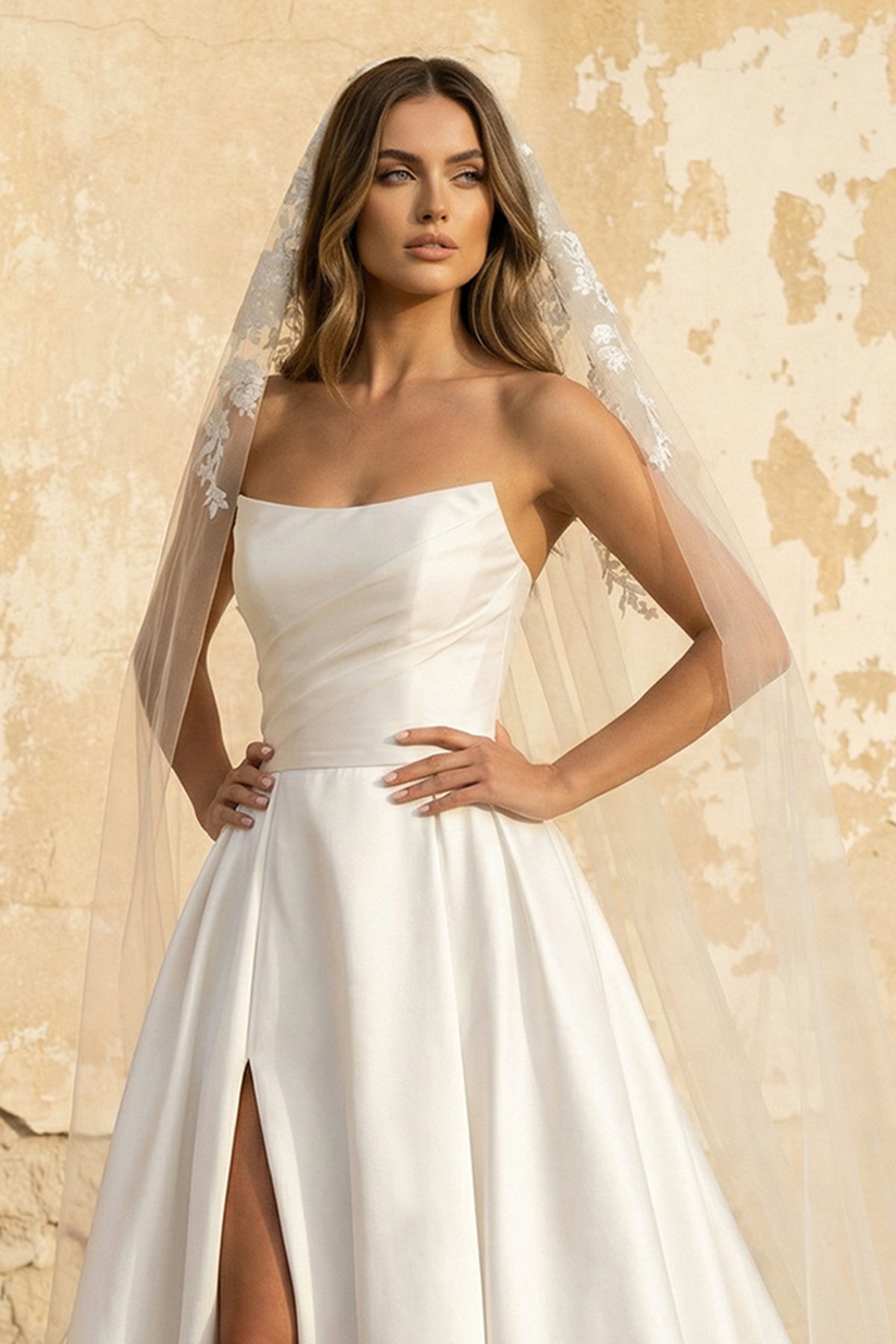 KissProm A-Line White Satin Strapless Wedding Dresses with Slit, Diamond White / 8