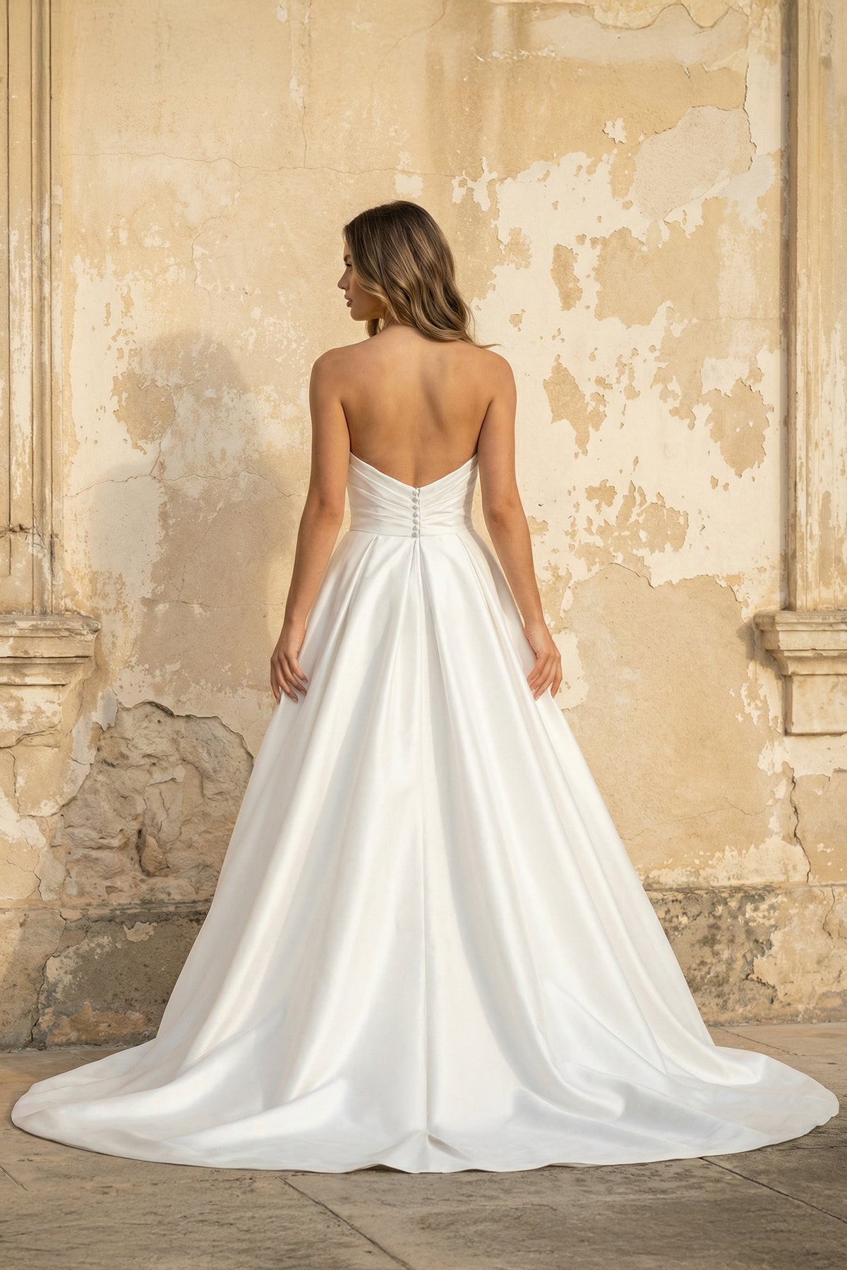 KissProm A-Line White Satin Strapless Wedding Dresses with Slit, Diamond White / 8