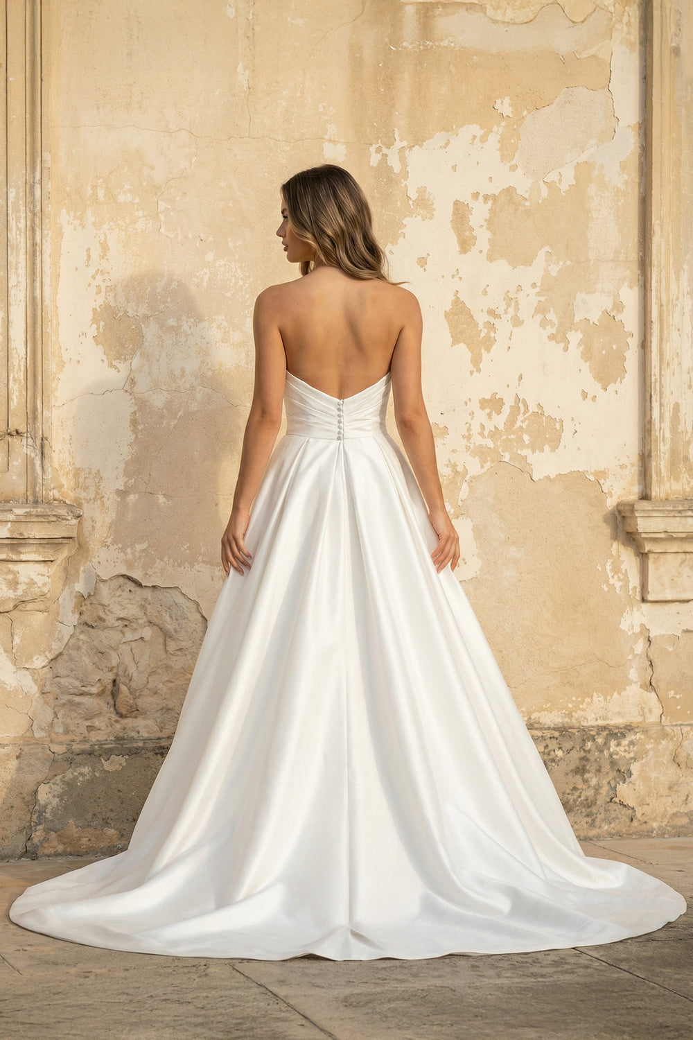 A-Line White Satin Strapless Wedding Dresses with Slit