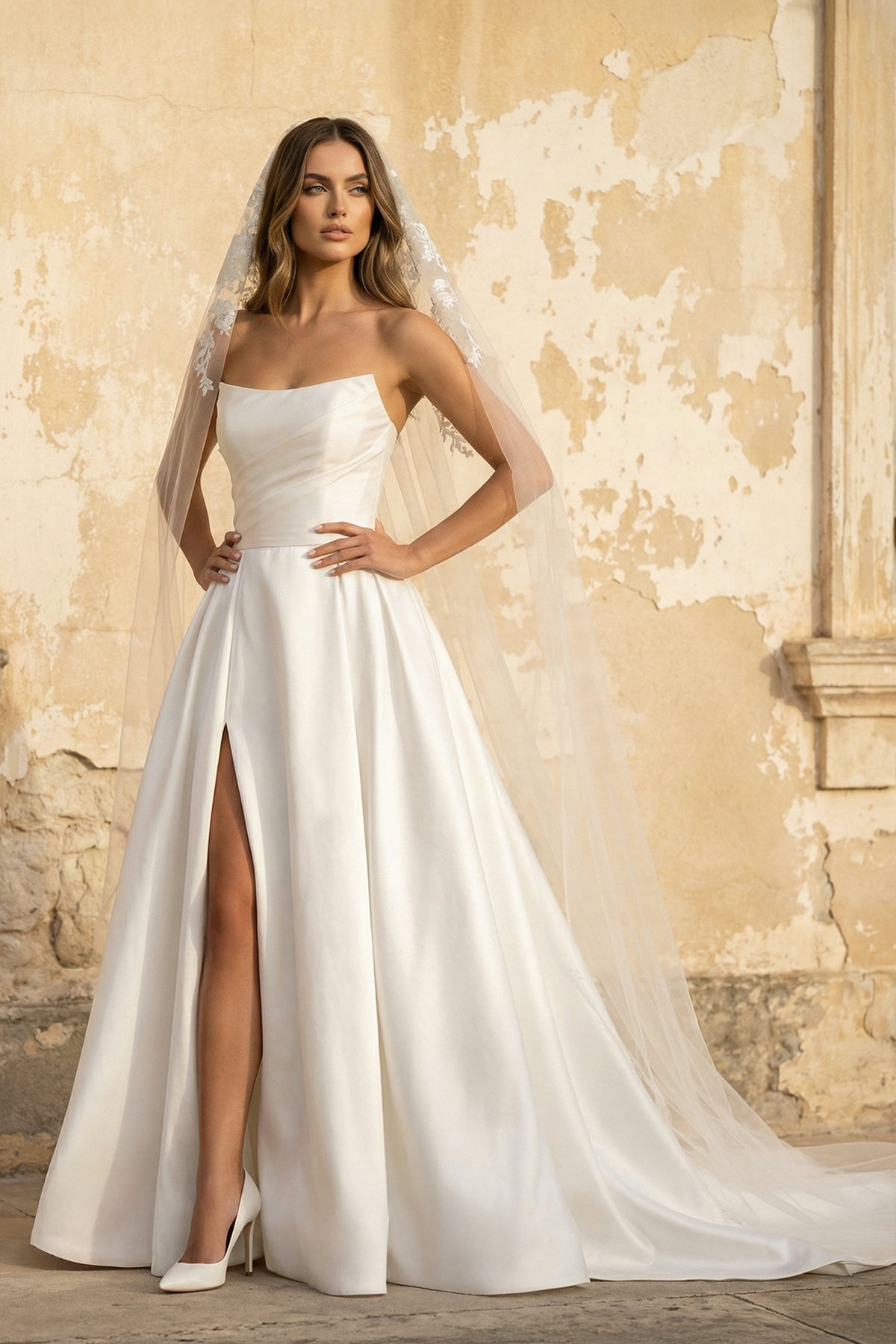 KissProm A-Line White Satin Strapless Wedding Dresses with Slit, Diamond White / 8