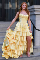 Loreth | Yellow - Strapless A Line Satin Ruffled Long Prom Dresses With Slit - KissProm