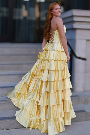 Loreth | Yellow - Strapless A Line Satin Ruffled Long Prom Dresses With Slit - KissProm