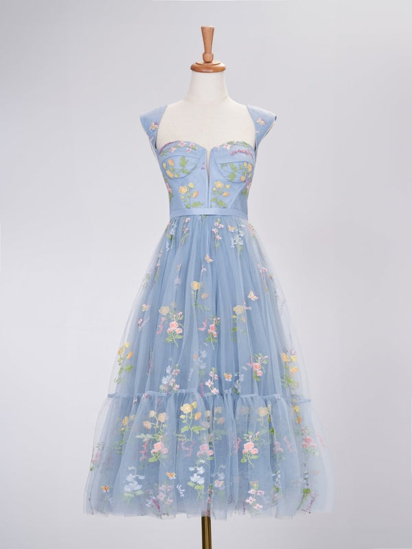 A Line Sweetheart Dusty Blue Long Prom Dress with Embroidery - KISSPROM