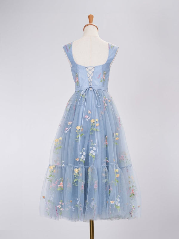 A Line Sweetheart Dusty Blue Long Prom Dress with Embroidery