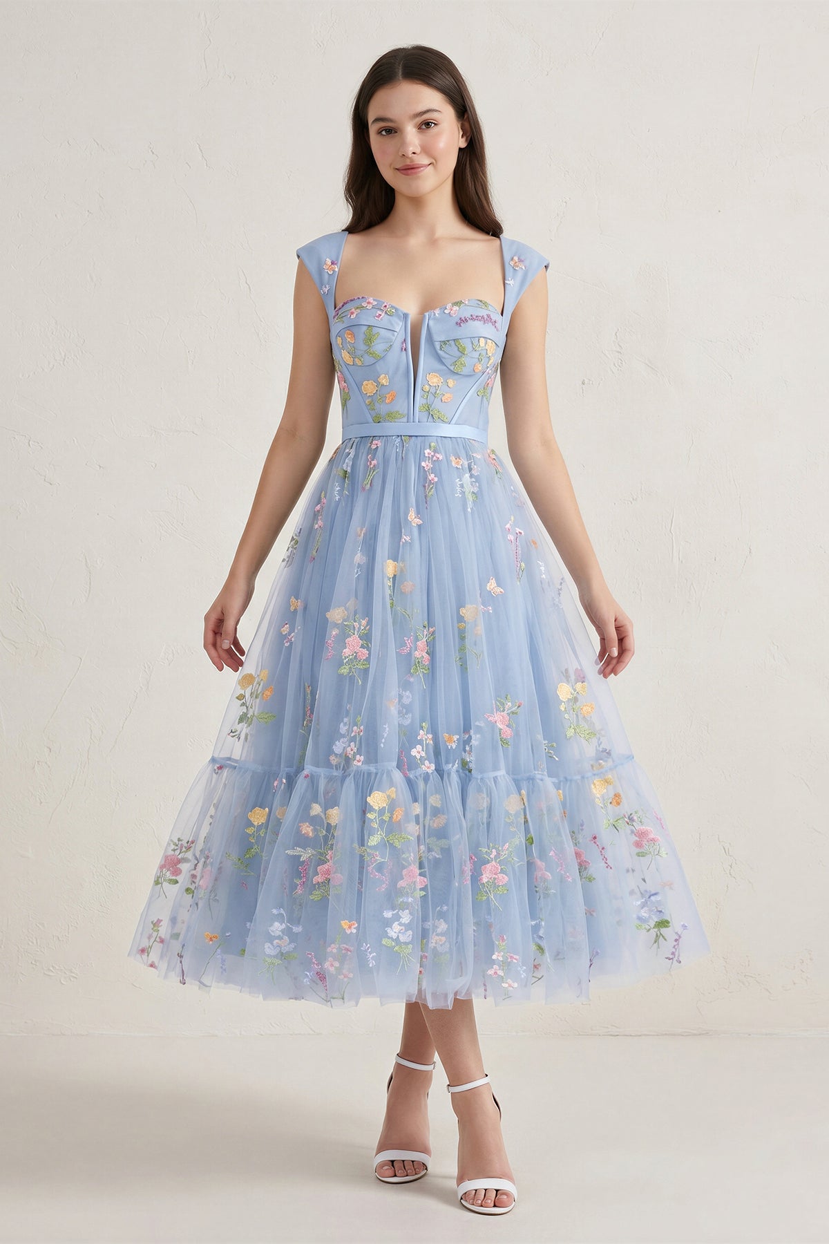 KissProm A Line Sweetheart Dusty Blue Long Prom Dress with Embroidery, Dusty Blue / 4