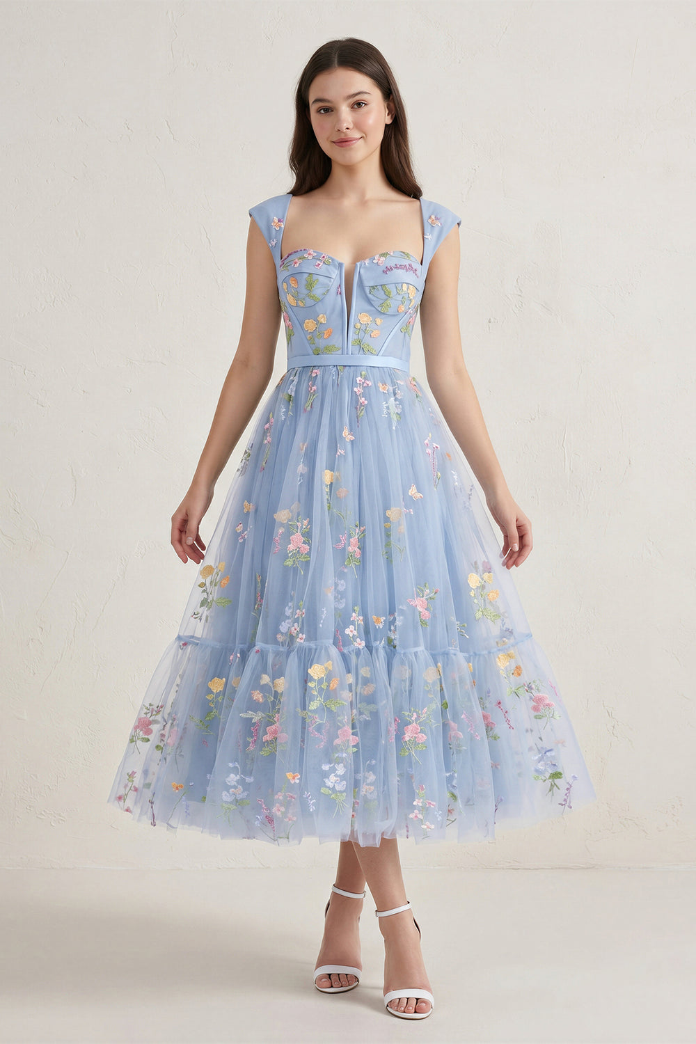 Dusty Blue A Line Sweetheart Long Prom Dress with Embroidery-KISSPROM