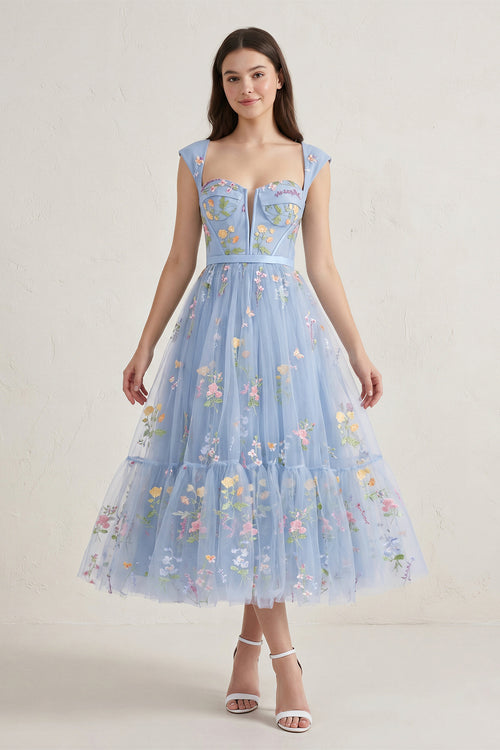 Dusty Blue A Line Sweetheart Long Prom Dress with Embroidery-KISSPROM