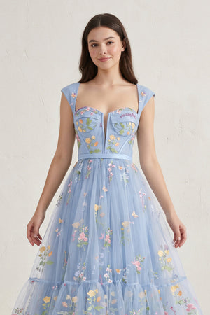 Dusty Blue A Line Sweetheart Long Prom Dress with Embroidery-KISSPROM