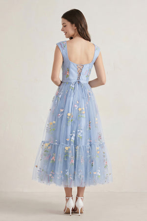 Dusty Blue A Line Sweetheart Long Prom Dress with Embroidery-KISSPROM