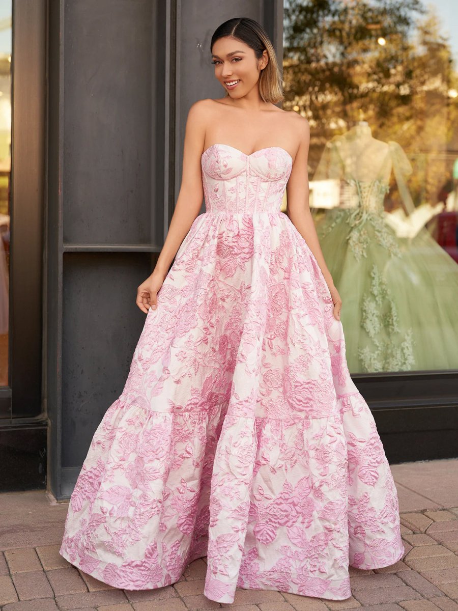 KissProm-Delice Pink A-Line Sweetheart Floral Printed Long Prom Dresses