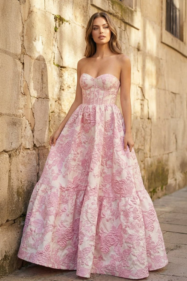 A - Line Sweetheart Floral Printed Long Prom Dresses - KissProm