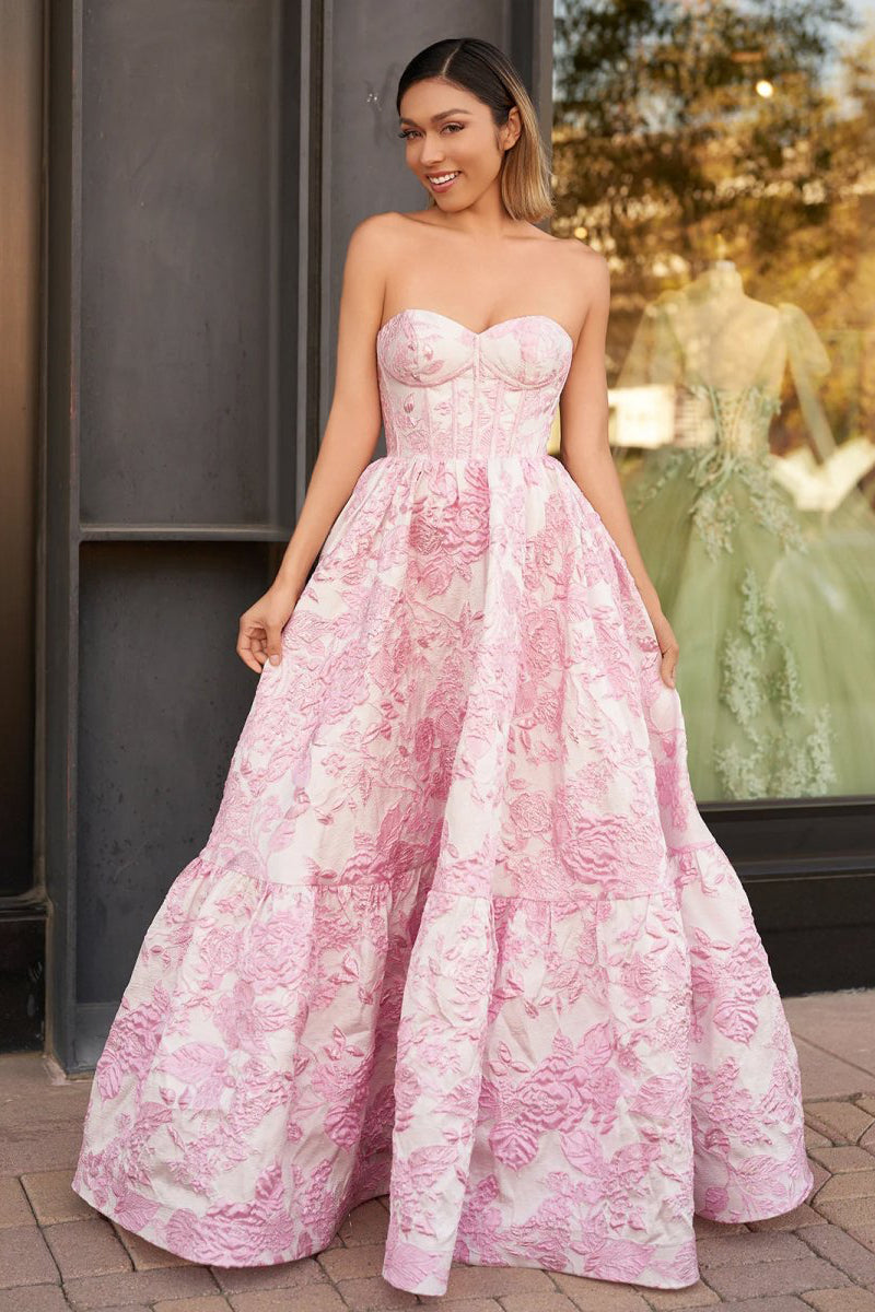 A-Line Sweetheart Floral Printed Long Prom Dresses Ivory / 6 A-Line Sweetheart Floral Printed Long Prom Dresses Ivory / 6