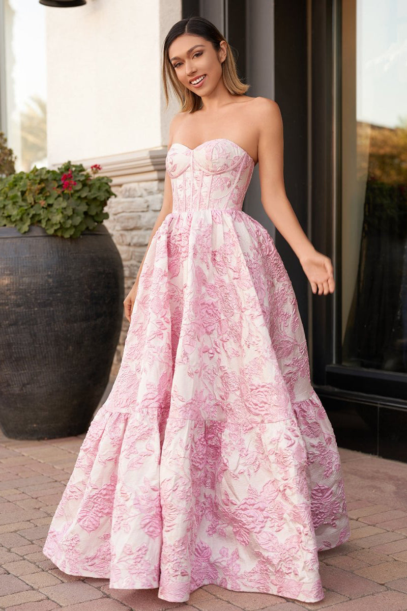 A-Line Sweetheart Floral Printed Long Prom Dresses Pink / 8 A-Line Sweetheart Floral Printed Long Prom Dresses Pink / 8