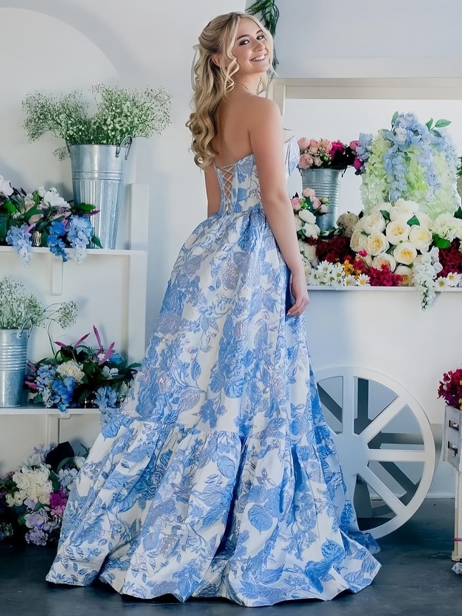 KissProm-Delice Blue A-Line Sweetheart Floral Printed Long Prom Dresses