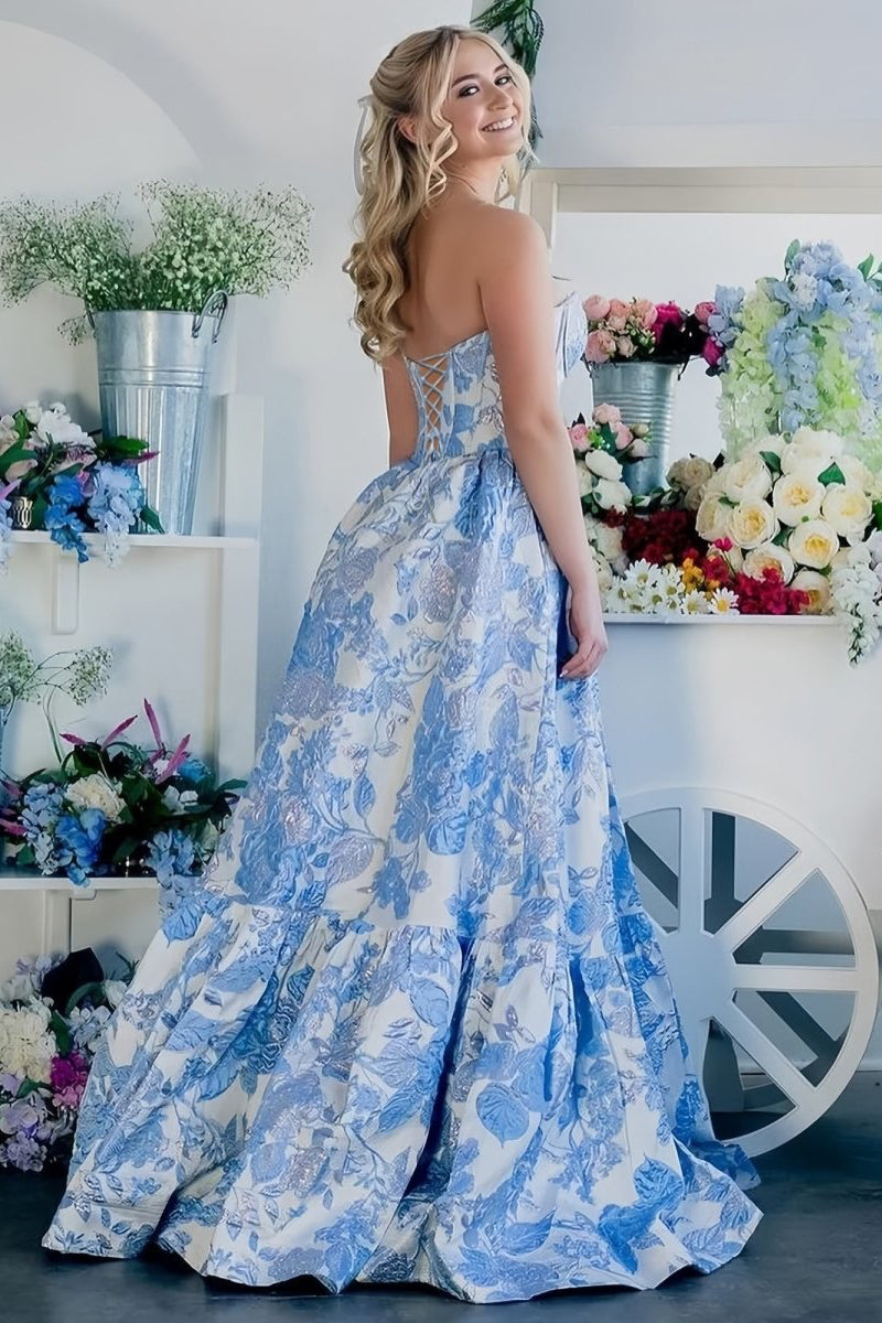 long flower dress A-Line Sweetheart Floral Printed Long Prom Dresses Blue / 00