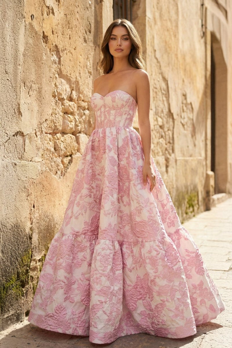 kissprom dresses A-Line Sweetheart Floral Printed Long Prom Dresses Ivory / 6
