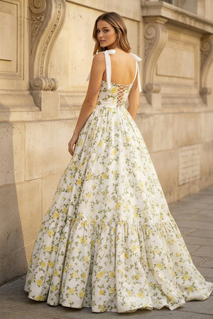 A - Line Sweetheart Floral Printed Satin Long Prom Dresses - KissProm