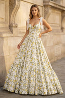 A - Line Sweetheart Floral Printed Satin Long Prom Dresses - KissProm
