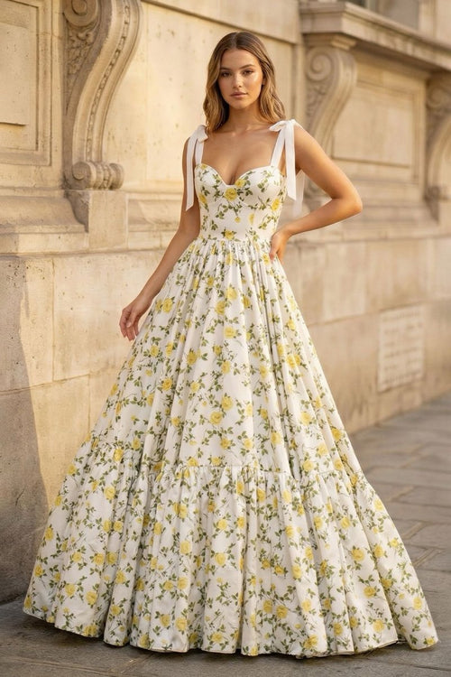 A - Line Sweetheart Floral Printed Satin Long Prom Dresses - KissProm