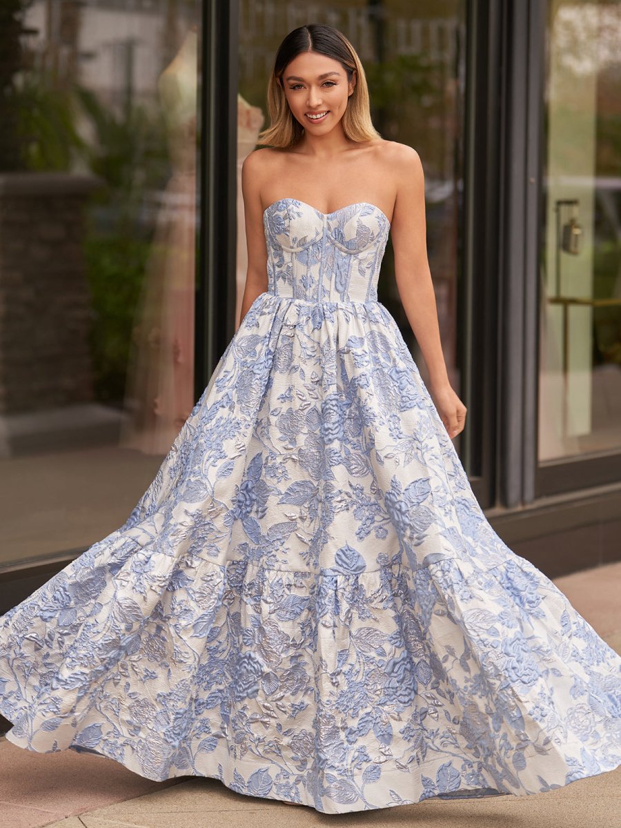KissProm-Delice Blue A-Line Sweetheart Floral Printed Long Prom Dresses