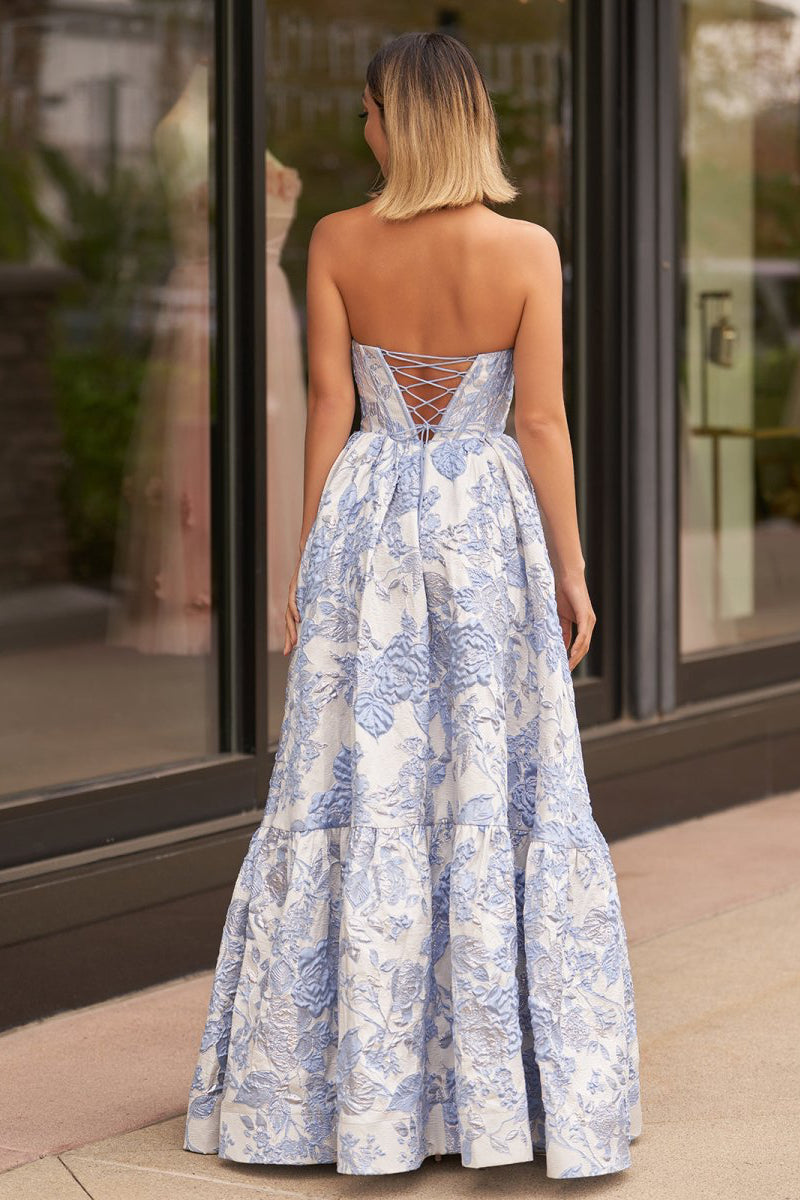 KissProm A-Line Sweetheart Floral Printed Long Prom Dresses, Blue / 00