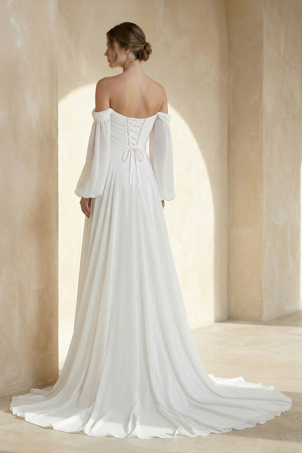 Aisling | A - Line Sweetheart Long Sleeves Chiffon Sweep Train Wedding Dress– Wedding Dresses by KissProm | Available at KissProm