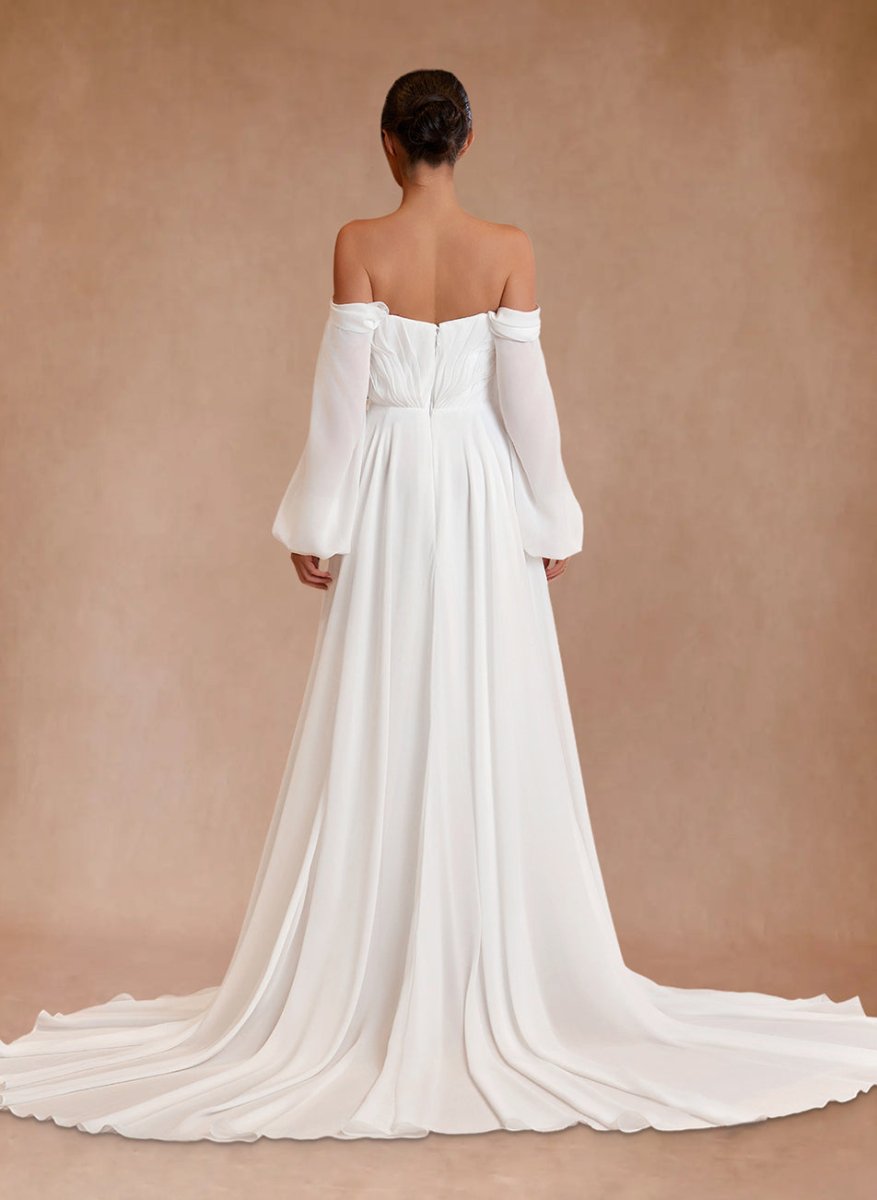 A-Line Sweetheart Long Sleeves Chiffon Sweep Train Wedding Dress, Champagne / 20