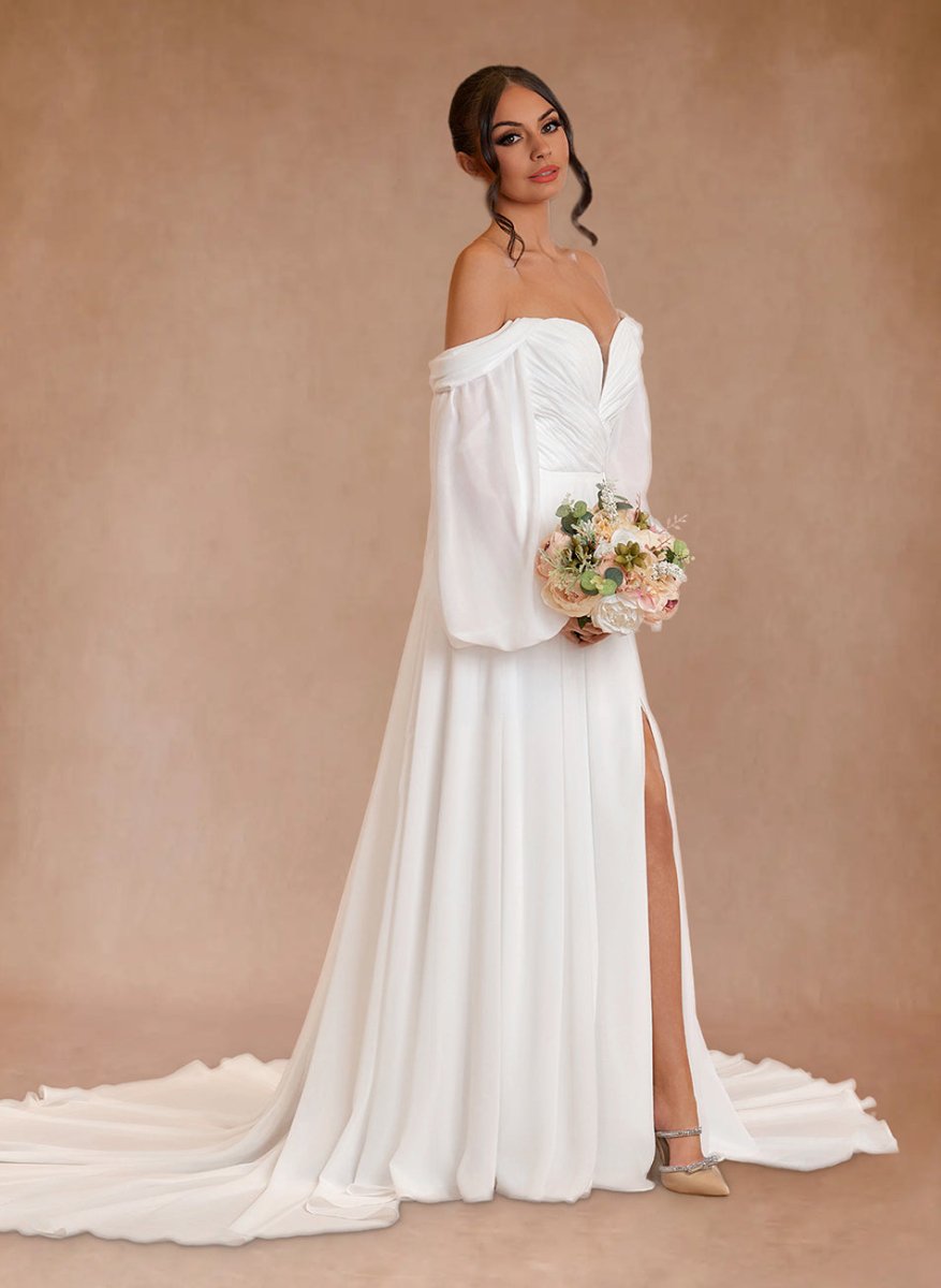 knee length dresses for ladies Wedtrend Women Ivory Bridal Dress A Line Sweetheart Fringe Chapel Train Wedding Dresses with Long Sleeves, Ivory / US22W