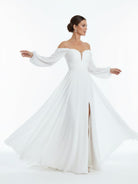 Aisling | A - Line Sweetheart Long Sleeves Chiffon Sweep Train Wedding Dress - KissProm