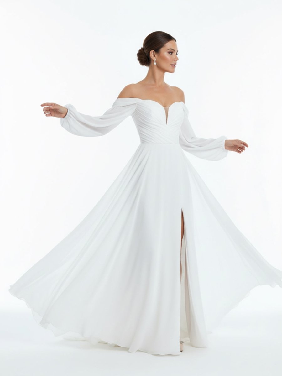 Aisling | A - Line Sweetheart Long Sleeves Chiffon Sweep Train Wedding Dress - KissProm