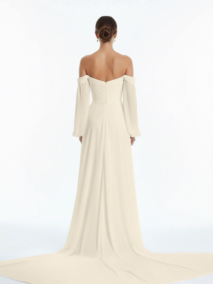 Aisling | A - Line Sweetheart Long Sleeves Chiffon Sweep Train Wedding Dress - KissProm