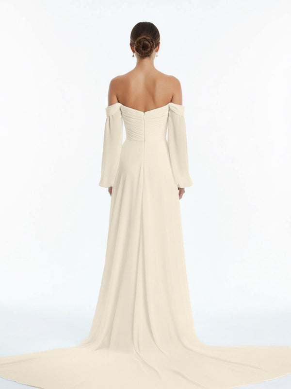 Aisling | A - Line Sweetheart Long Sleeves Chiffon Sweep Train Wedding Dress - KissProm